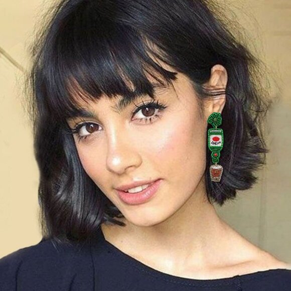 NEW St Patrick's Day Irish Whiskey Holiday Green Seed Beaded Earrings - Picture 2 of 4